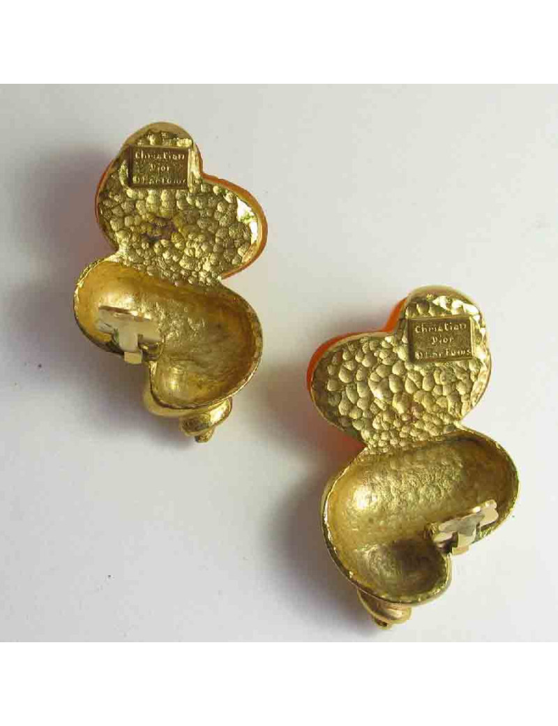 CHRISTIAN DIOR vintage clip-on earrings in gilt metal and orange plexi