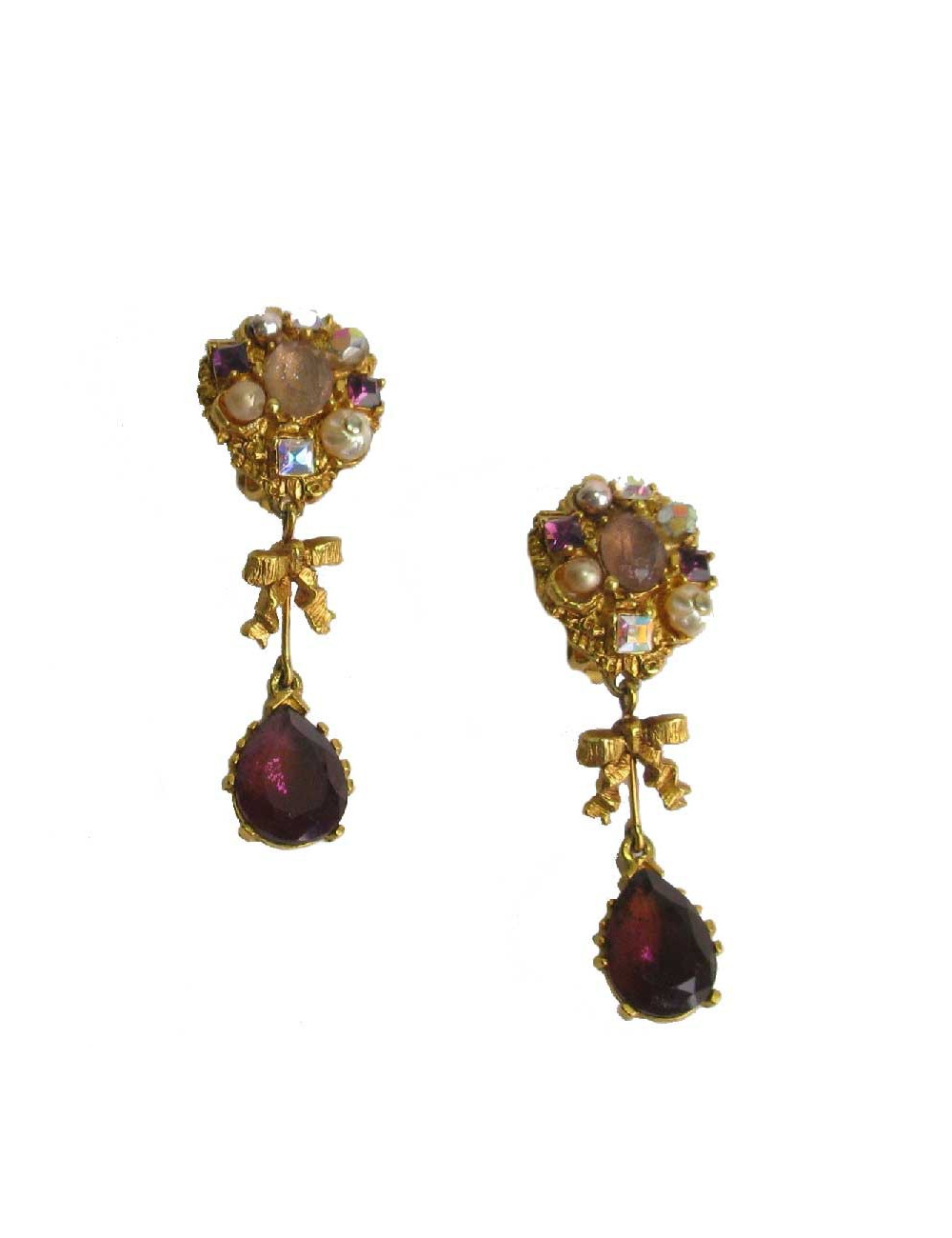 Boucles d'oreille clips CHRISTIAN LACROIX pendantes en métal doré et pierres fantaisies