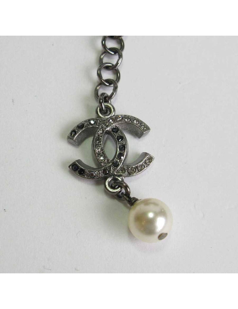 Collier ras de cou CHANEL noeud strass en métal argenté