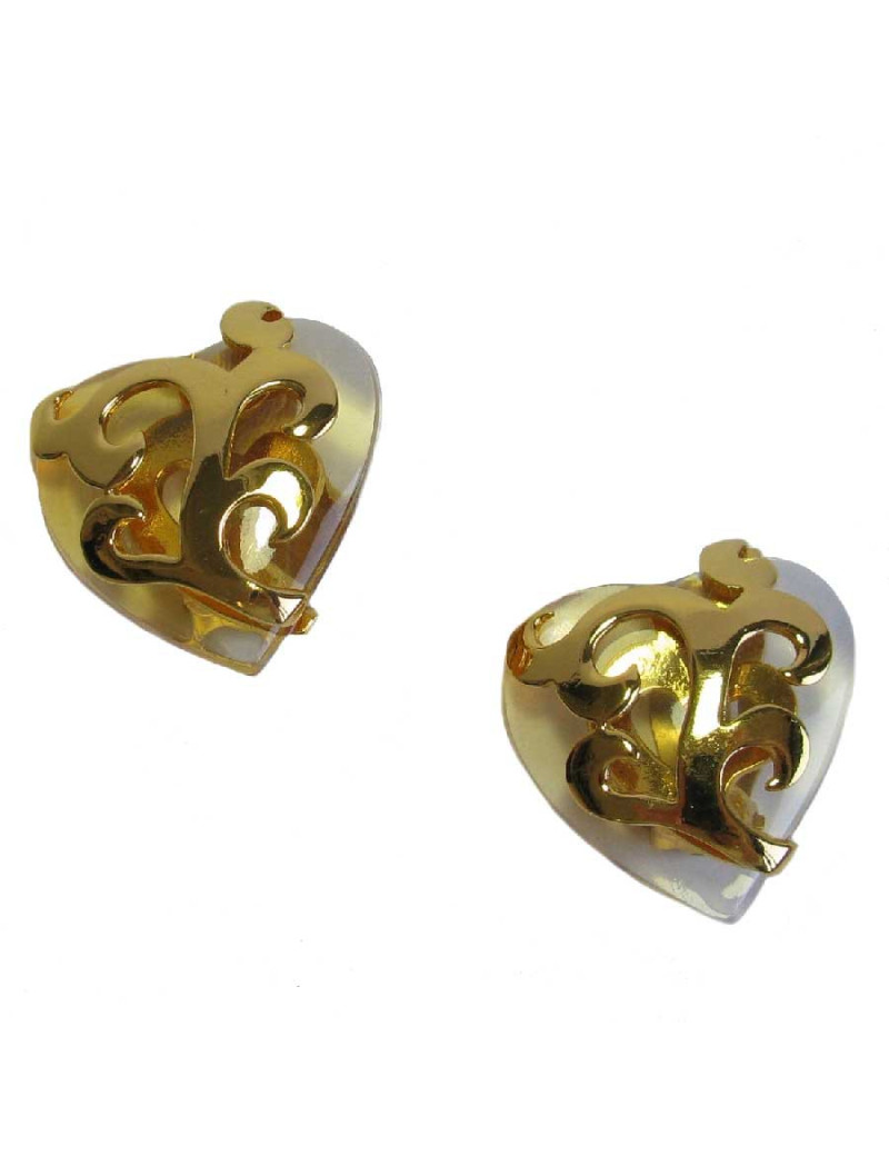 Boucles d'oreille clips coeur YSL YVES SAINT LAURENT dorées et transparentes