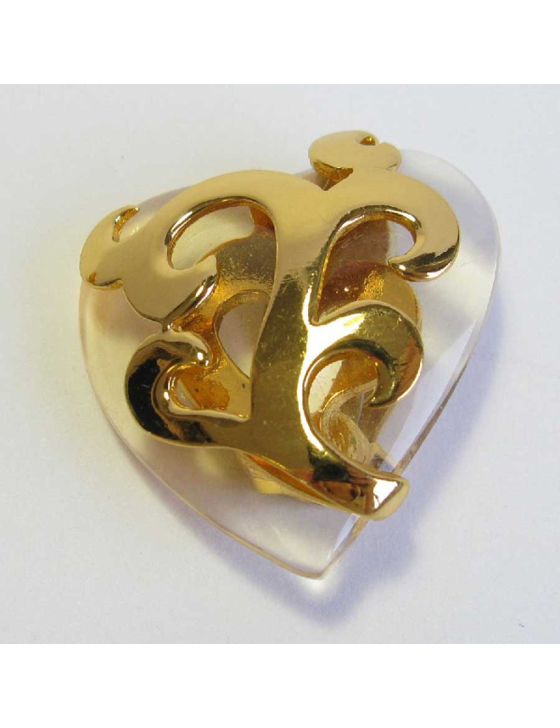 YSL YVES SAINT LAURENT heart clip-on earrings in gilt metal and transparent plexi