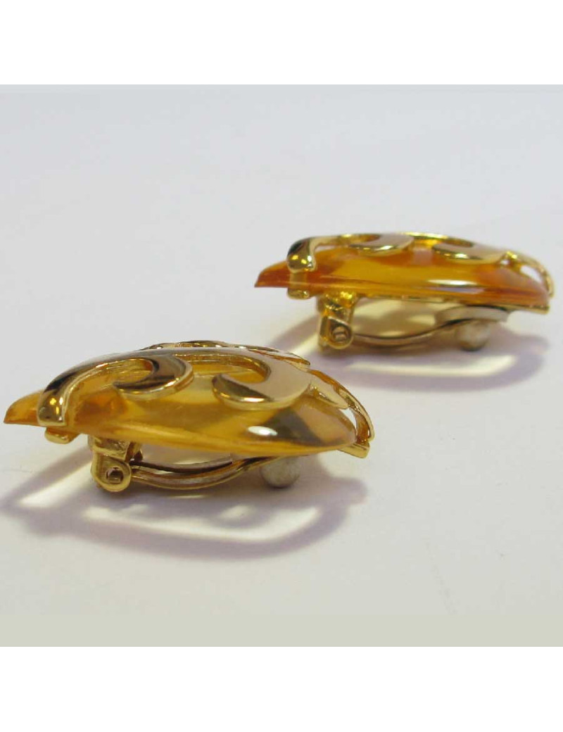 Boucles d'oreille clips coeur YSL YVES SAINT LAURENT dorées et transparentes