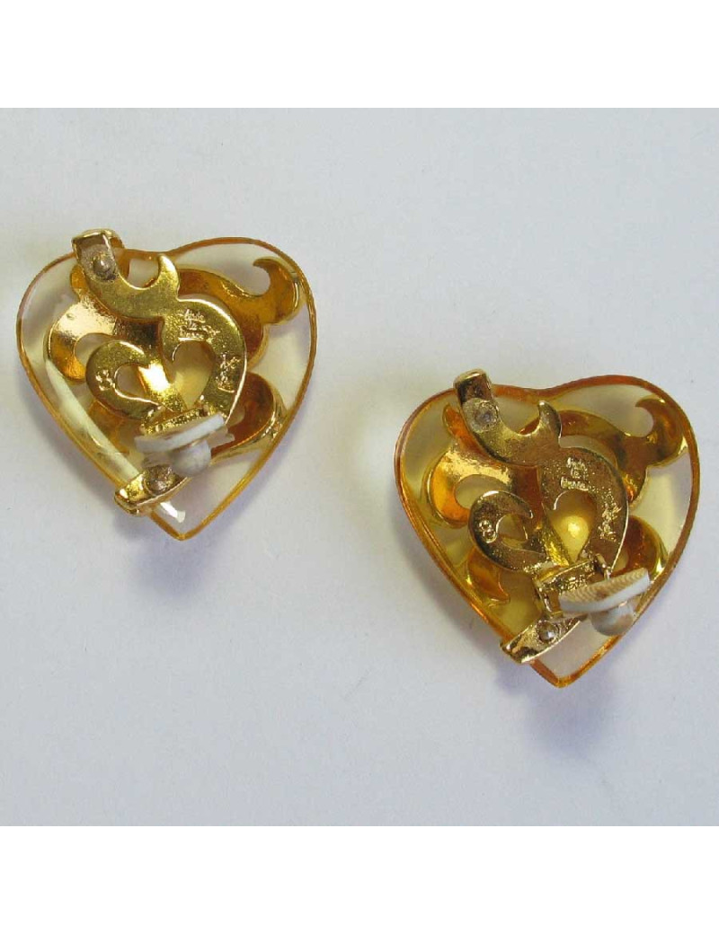 Boucles d'oreille clips coeur YSL YVES SAINT LAURENT dorées et transparentes
