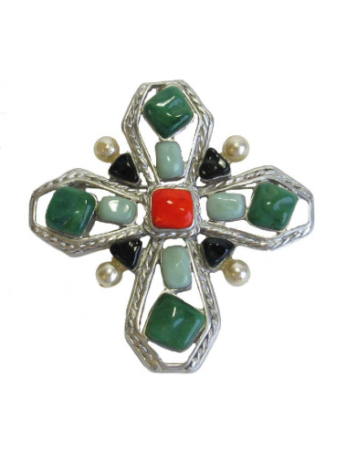 Broche croix sans marque en pâte de verre