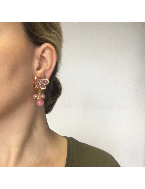 Boucles d'oreille clips MARGUERITE DE VALOIS pendantes fleurettes roses