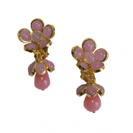 Boucles d'oreille clips MARGUERITE DE VALOIS pendantes fleurettes roses