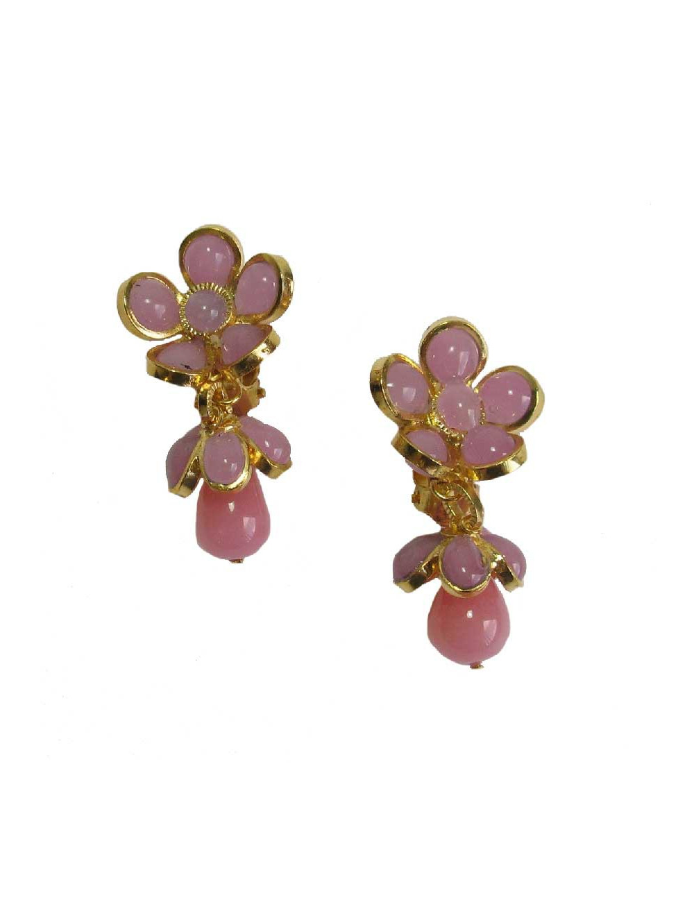 MARGUERITE DE VALOIS pendants pink flowers clip-on earrings in molten glass