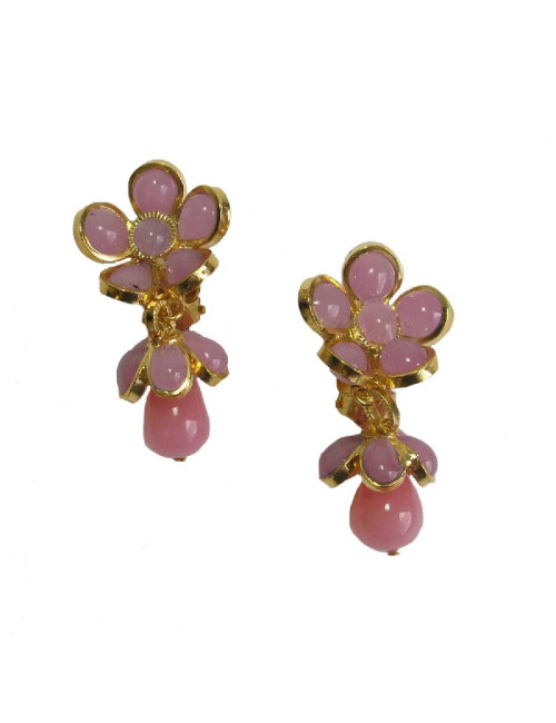 MARGUERITE DE VALOIS pendants pink flowers clip-on earrings in molten glass