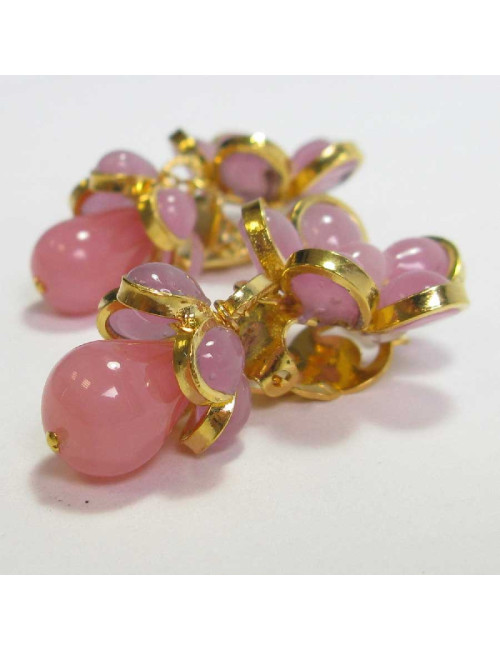 MARGUERITE DE VALOIS pendants pink flowers clip-on earrings in molten glass
