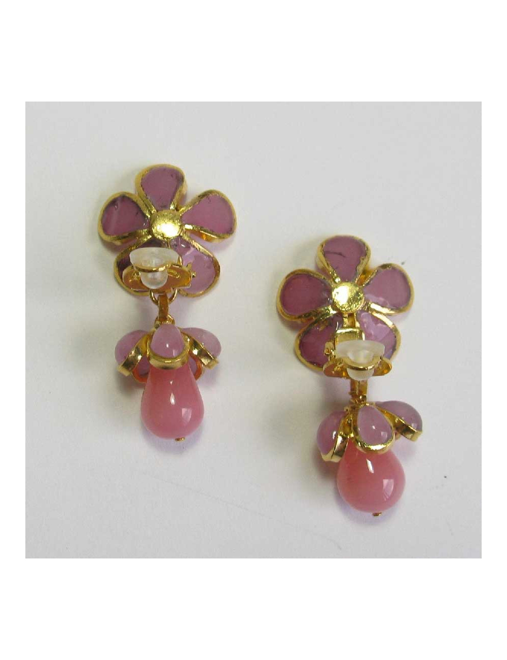Boucles d'oreille clips MARGUERITE DE VALOIS pendantes fleurettes roses