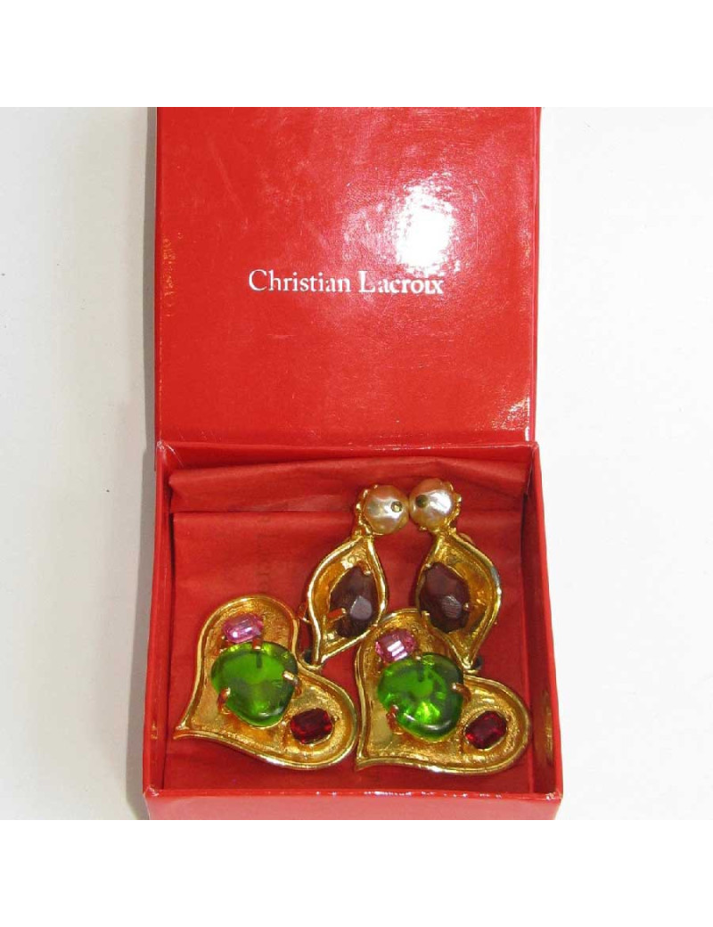 Boucles d'oreille clips CHRISTIAN LACROIX coeur pendant en métal doré et pierres fantaisies