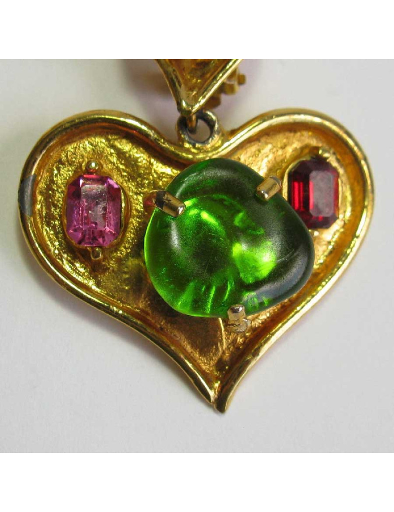 Boucles d'oreille clips CHRISTIAN LACROIX coeur pendant en métal doré et pierres fantaisies