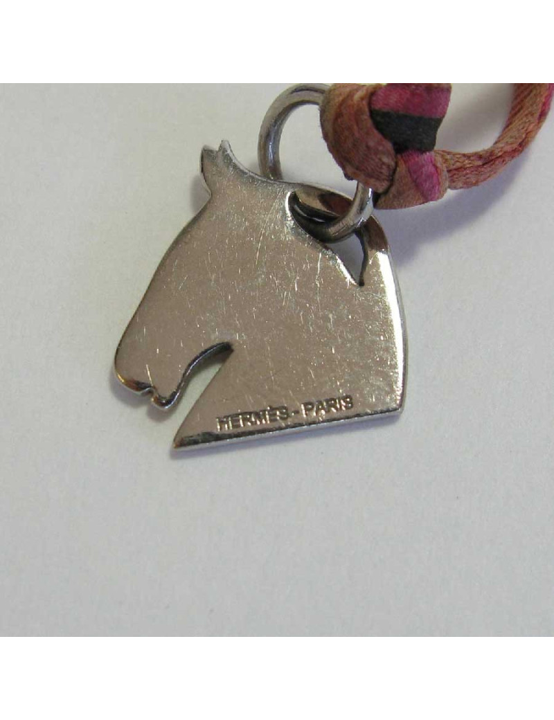 HERMES silk link necklace and silver metal horse head pendant