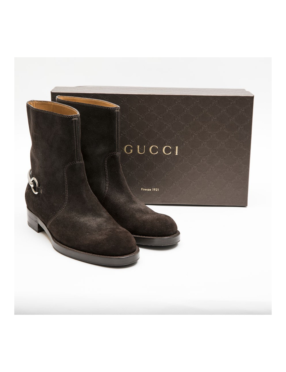 Boots T 39 GUCCI en daim marron et mors argent palladié