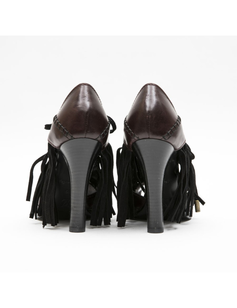 Sandales Hautes T 39 LOUIS VUITTON en cuir prune et franges noires