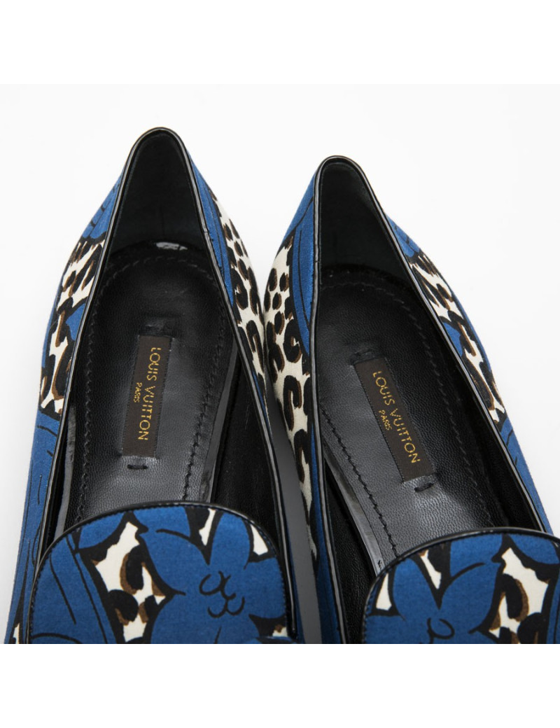 LOUIS VUITTON T39 Richelieu ballerina in blue and leopard pattern fabric