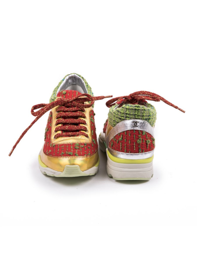 Sneakers T 39 CHANEL tweed et cuir doré et argent