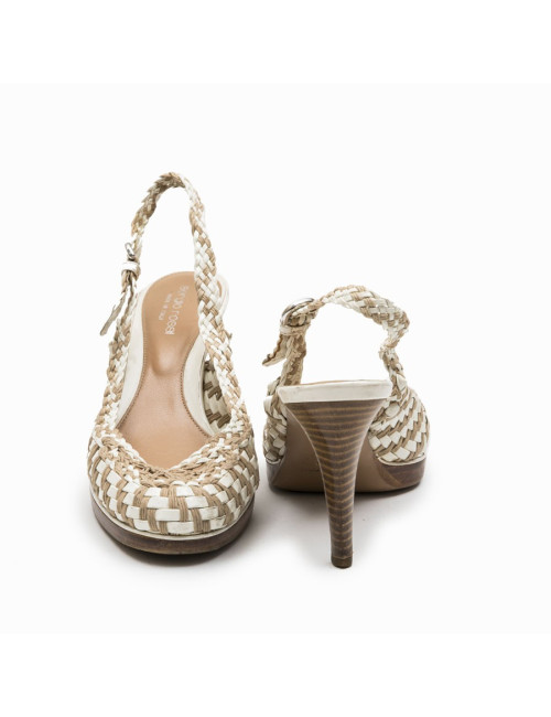 Escarpins T 38 SERGIO ROSSI cuir verni beige et corde marron