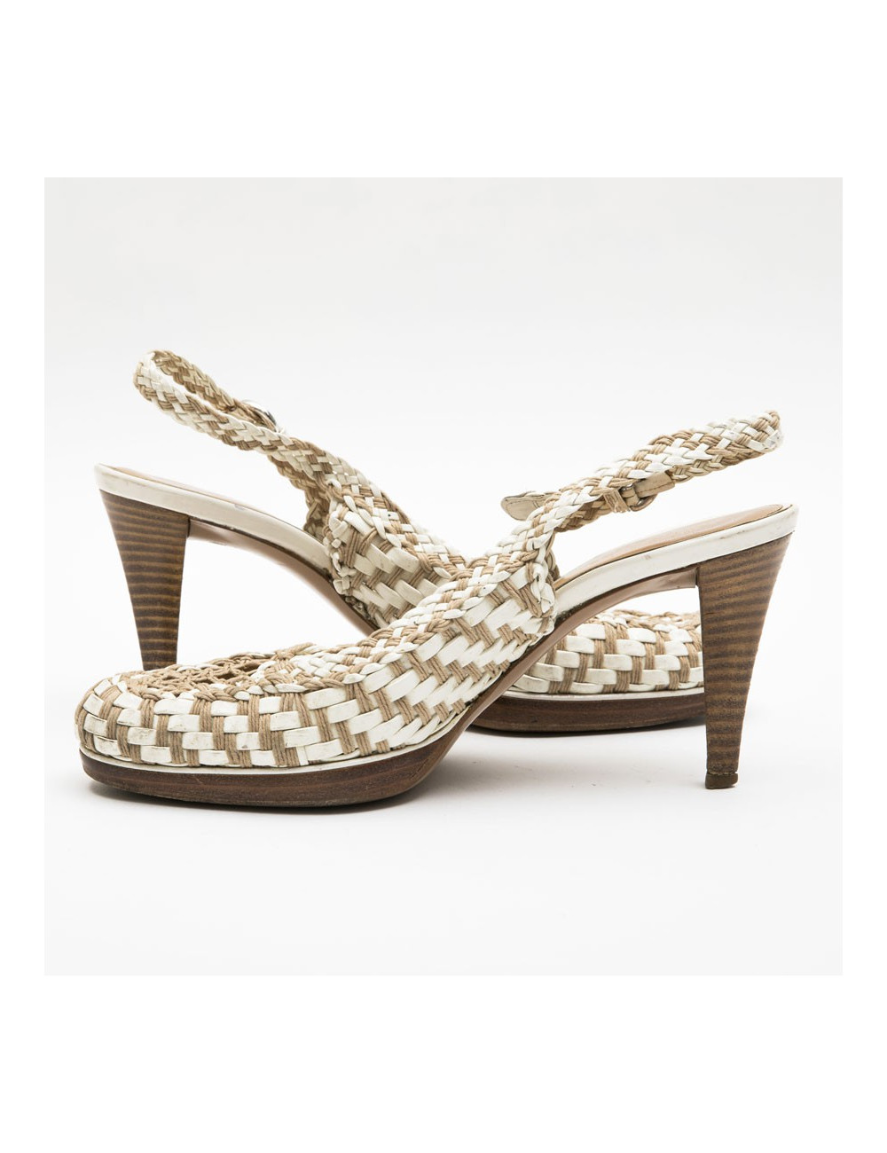 Escarpins T 38 SERGIO ROSSI cuir verni beige et corde marron