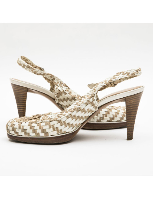 Escarpins T 38 SERGIO ROSSI cuir verni beige et corde marron