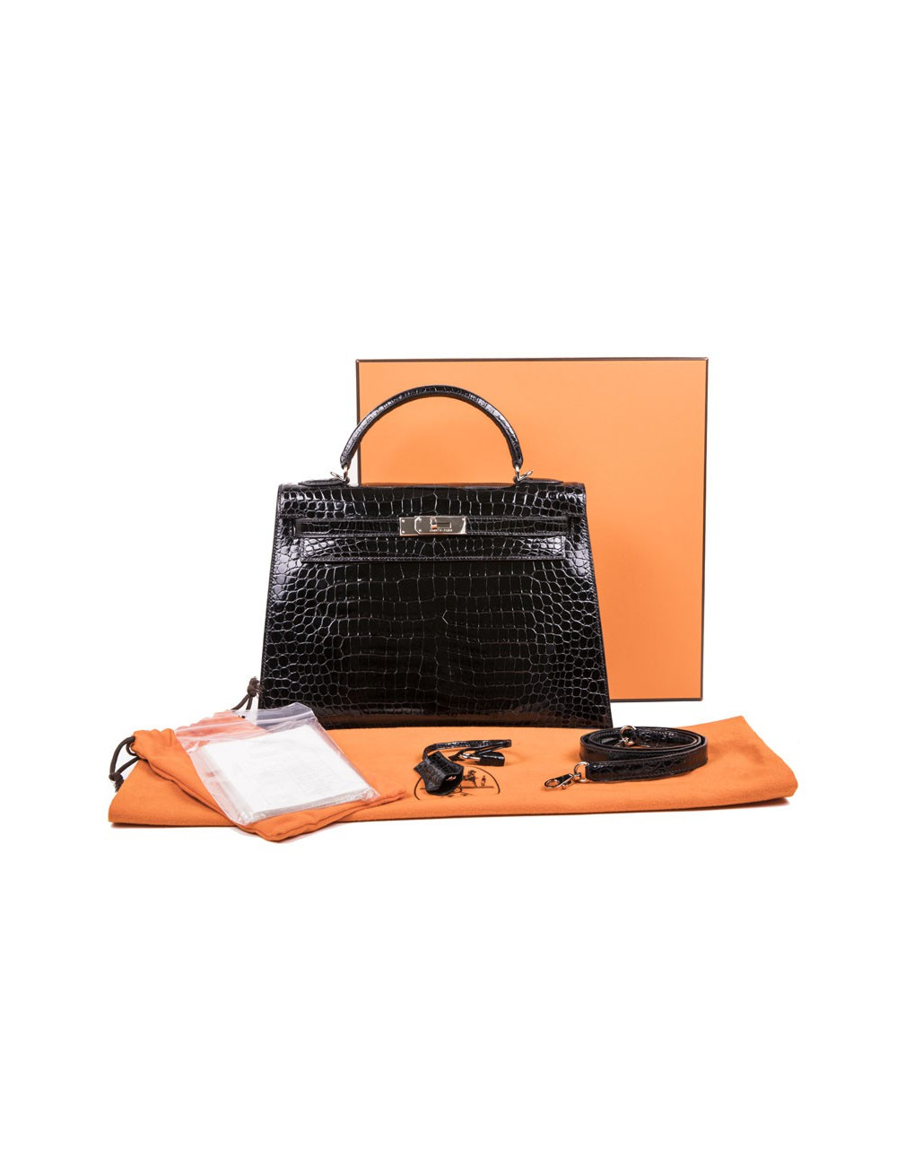 Kelly II 32 HERMES croco porosus noir