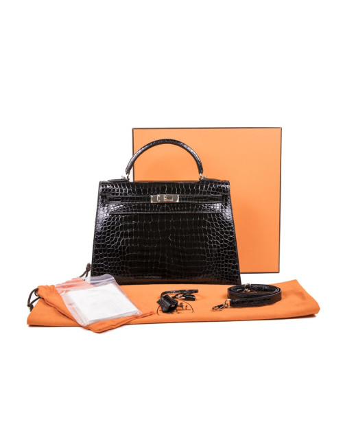 Kelly II 32 HERMES croco porosus noir