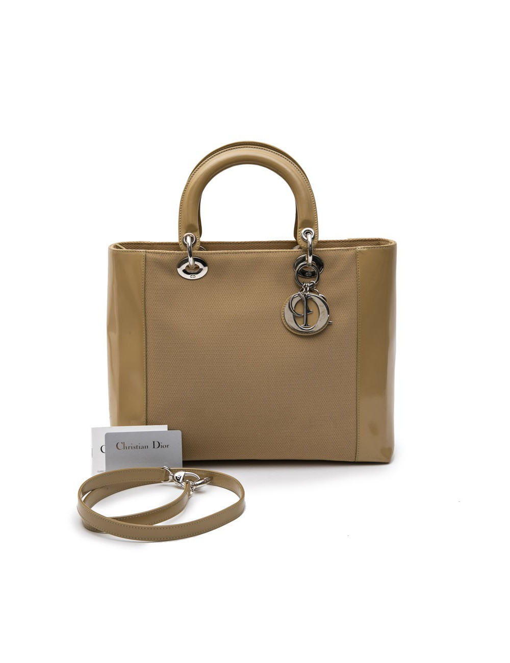 Sac Lady D CHRISTIAN DIOR cuir verni et toile beige