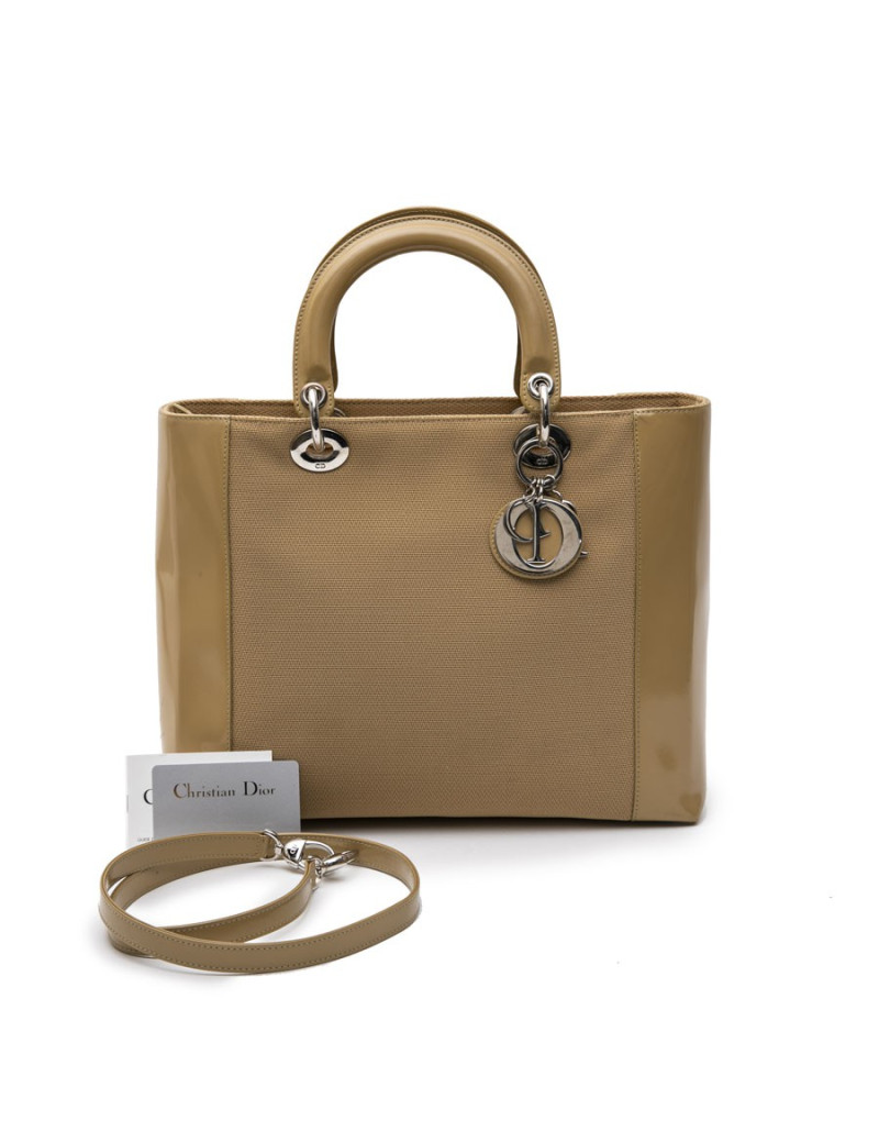 Sac Lady D CHRISTIAN DIOR cuir verni et toile beige
