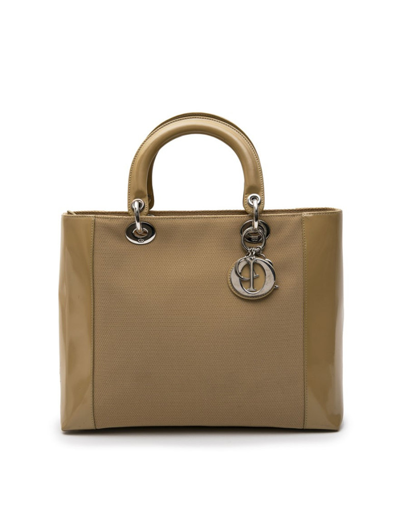 Sac Lady D CHRISTIAN DIOR cuir verni et toile beige