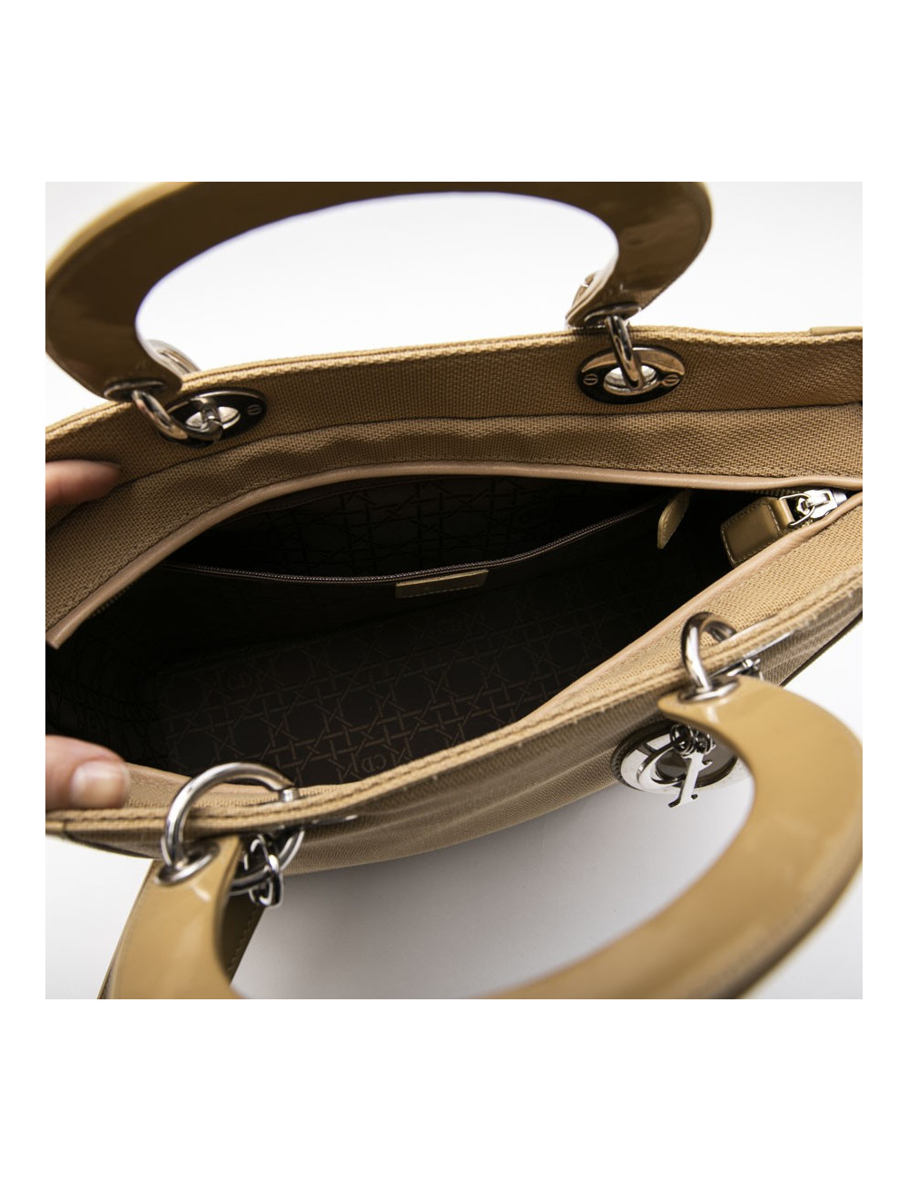 CHRISTIAN DIOR Lady D bag in beige canvas and beige patent leather