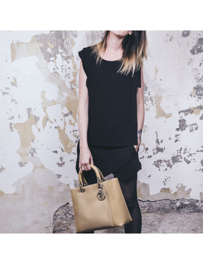 Sac Lady D CHRISTIAN DIOR cuir verni et toile beige