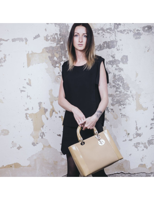 CHRISTIAN DIOR Lady D bag in beige canvas and beige patent leather