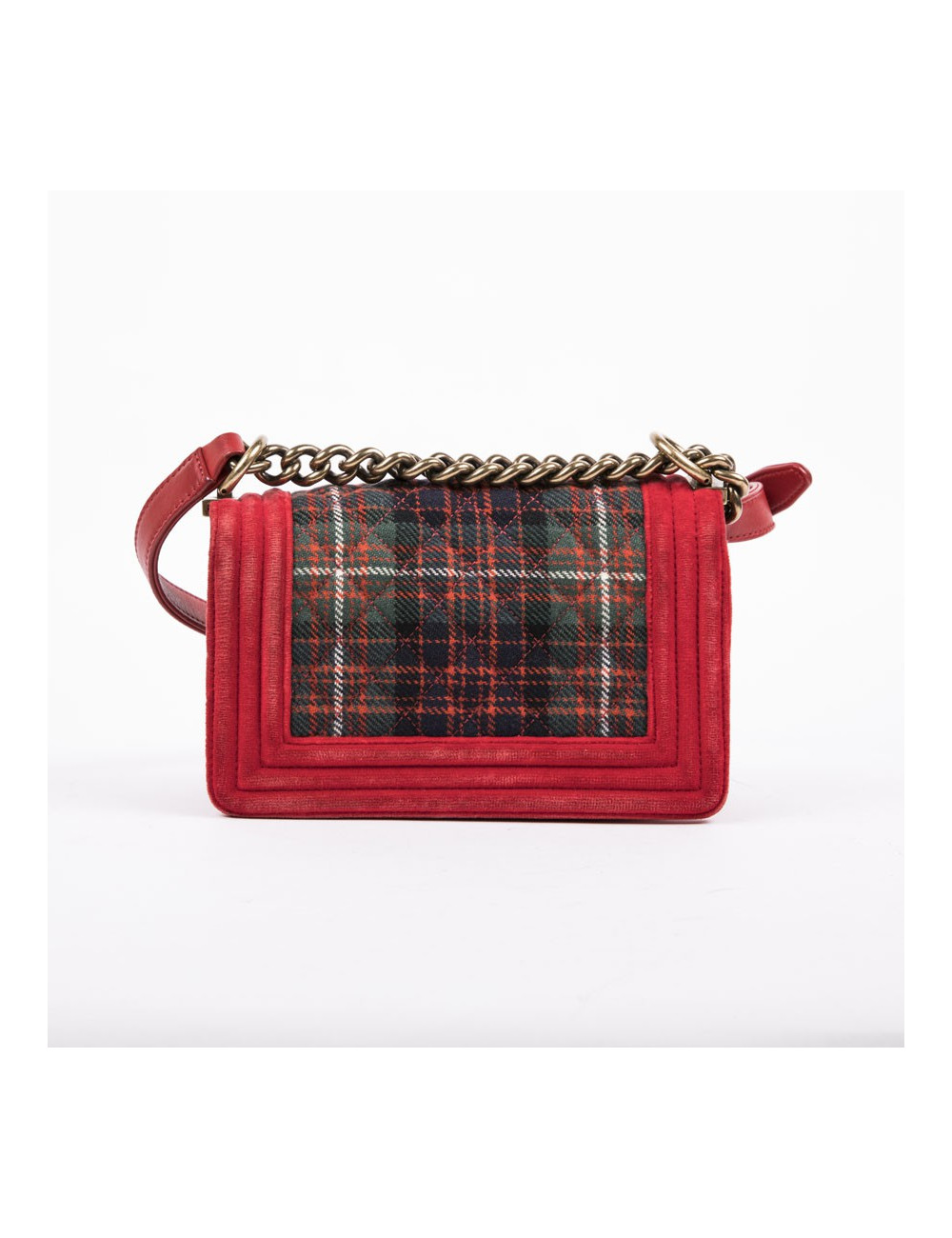 CHANEL Boy flap bag Paris Edimbourg in Red velvet and plaid fabric