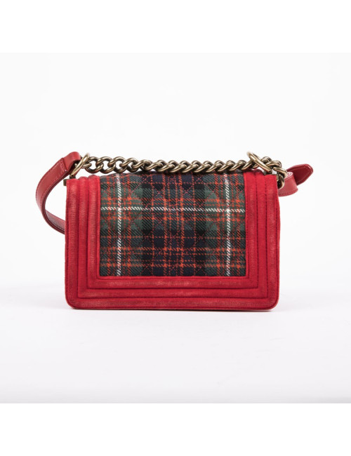 CHANEL Boy flap bag Paris Edimbourg in Red velvet and plaid fabric