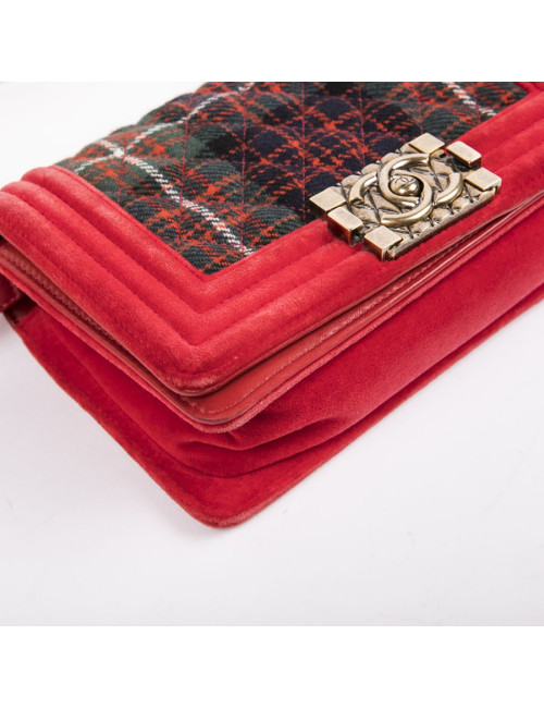 CHANEL Boy flap bag Paris Edimbourg in Red velvet and plaid fabric