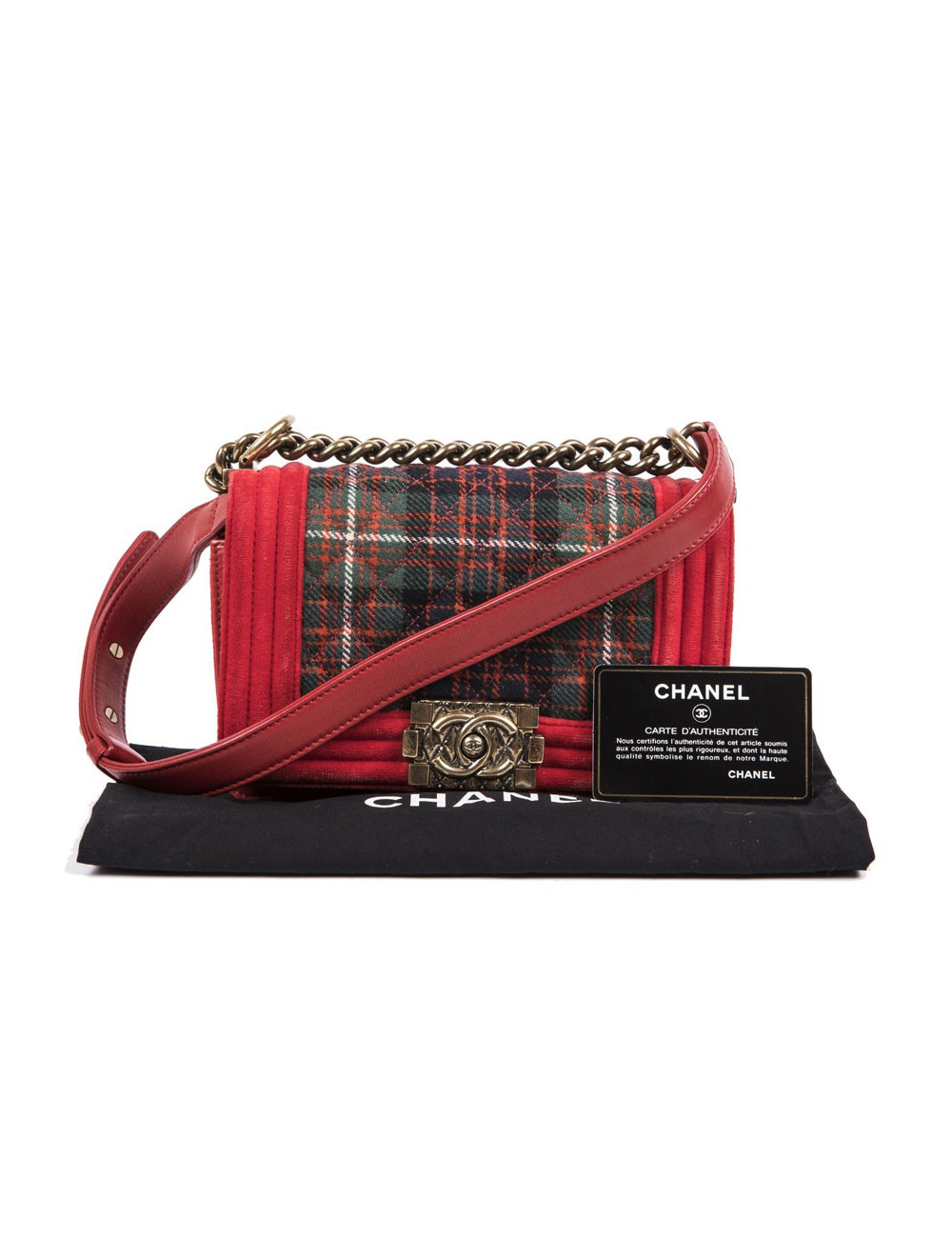 CHANEL Boy flap bag Paris Edimbourg in Red velvet and plaid fabric