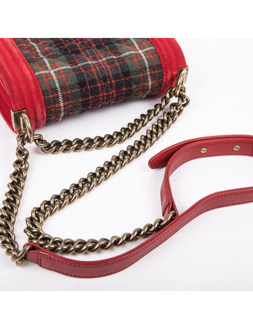 CHANEL Boy flap bag Paris Edimbourg in Red velvet and plaid fabric