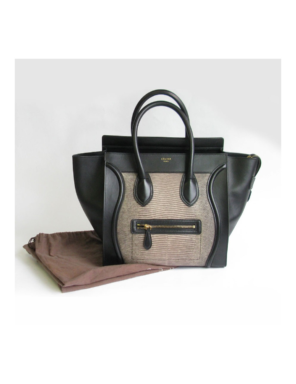Sac CELINE Luggage Micro en cuir noir et lézard gris