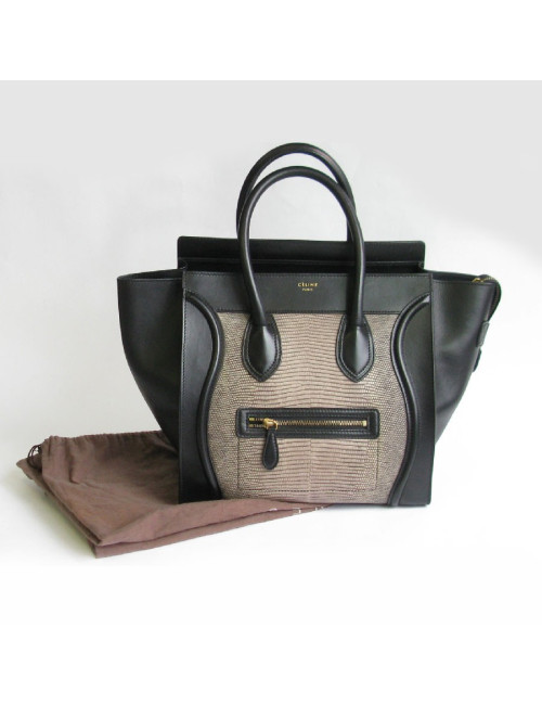 Sac CELINE Luggage Micro en cuir noir et lézard gris