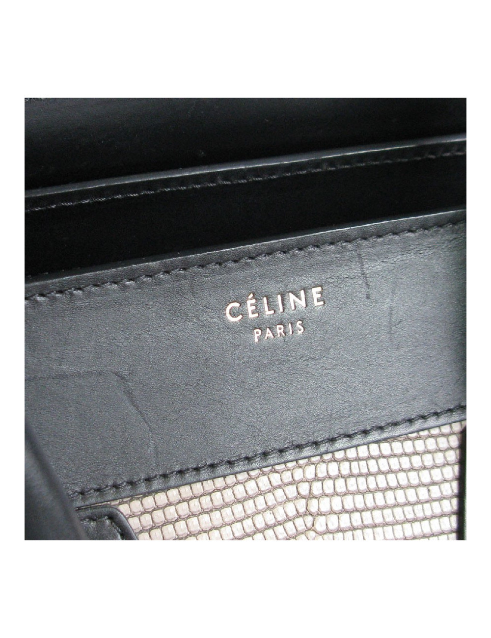Sac CELINE Luggage Micro en cuir noir et lézard gris