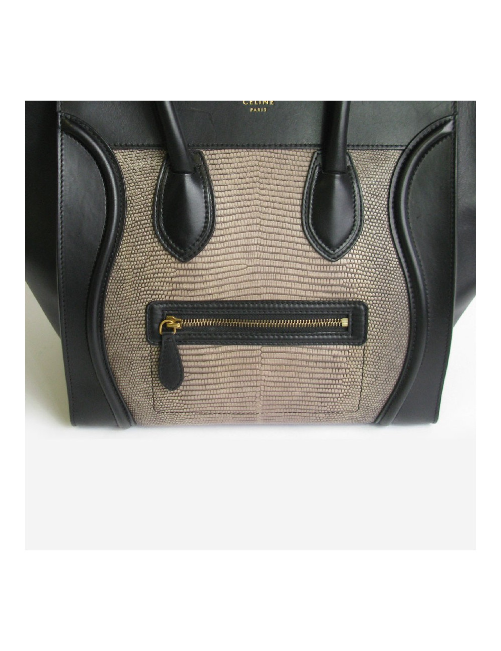 Sac CELINE Luggage Micro en cuir noir et lézard gris