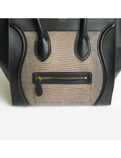 Sac CELINE Luggage Micro en cuir noir et lézard gris