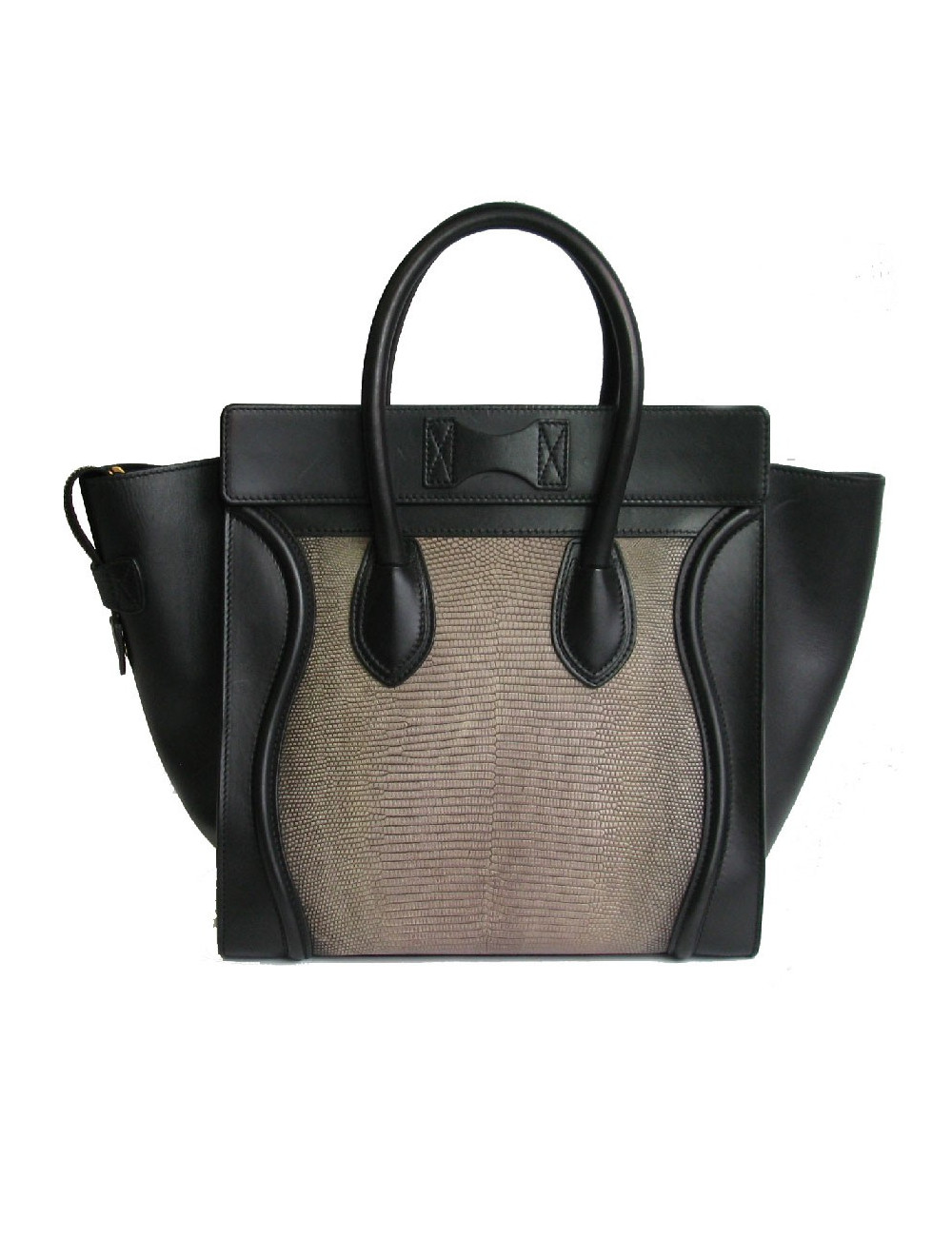 Sac CELINE Luggage Micro en cuir noir et lézard gris