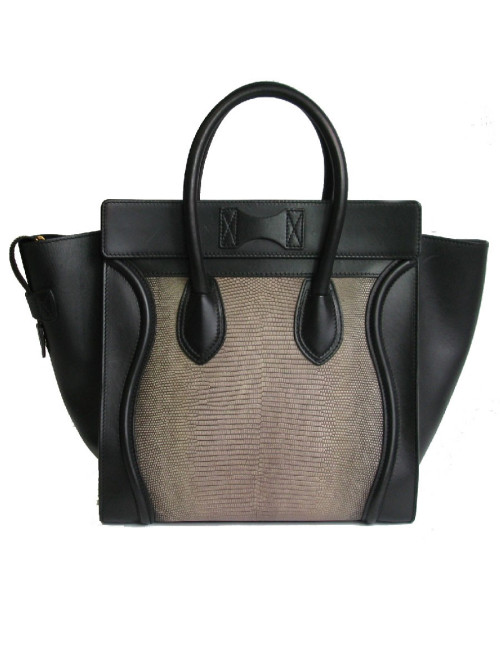 Sac CELINE Luggage Micro en cuir noir et lézard gris
