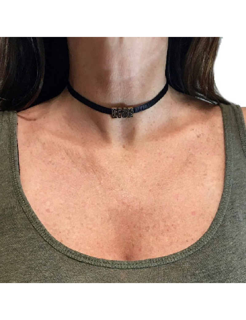 Collier "DIOR" ras de cou  en gros grain noir et métal doré