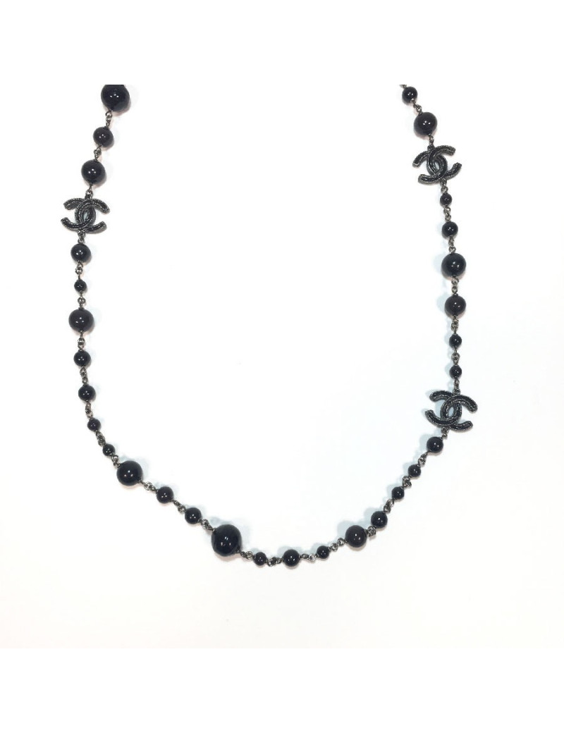 CHANEL black and dark gray pearls, CC and ruthenium chain