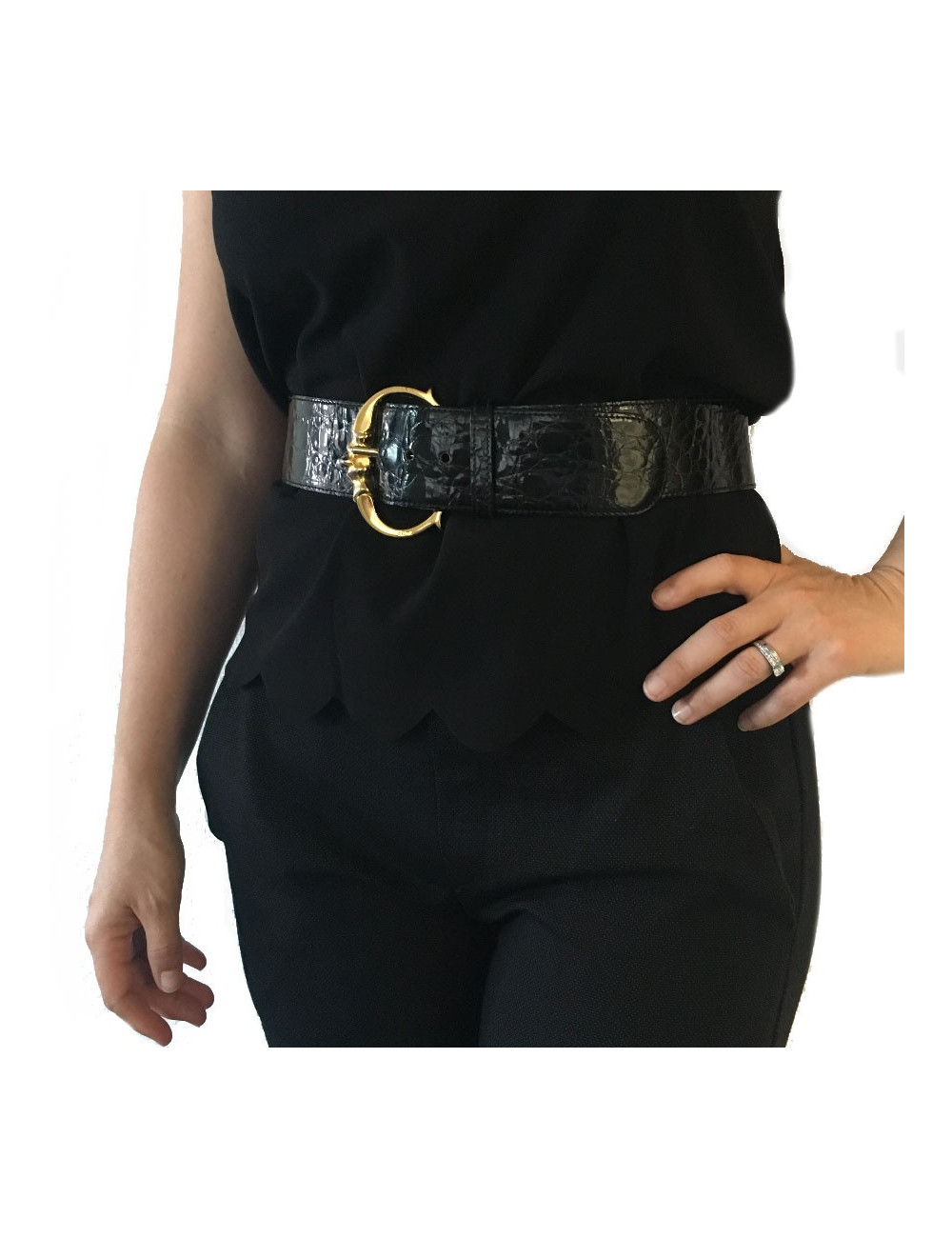 Ceinture T 70 CELINE vintage en crocodile noir 