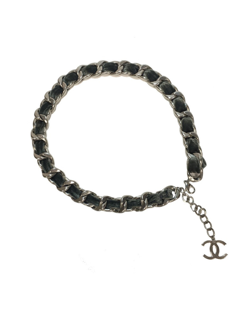 Ceinture CHANEL chaine en métal argenté entrelacée de velours gris