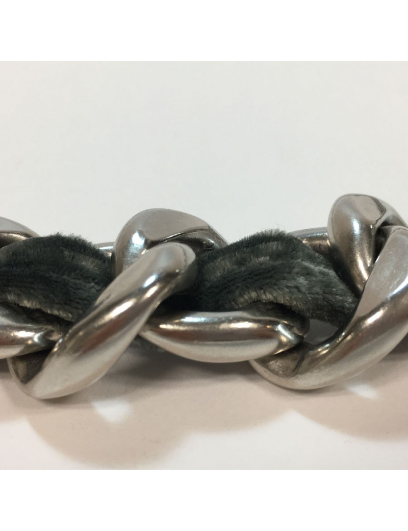 Ceinture CHANEL chaine en métal argenté entrelacée de velours gris