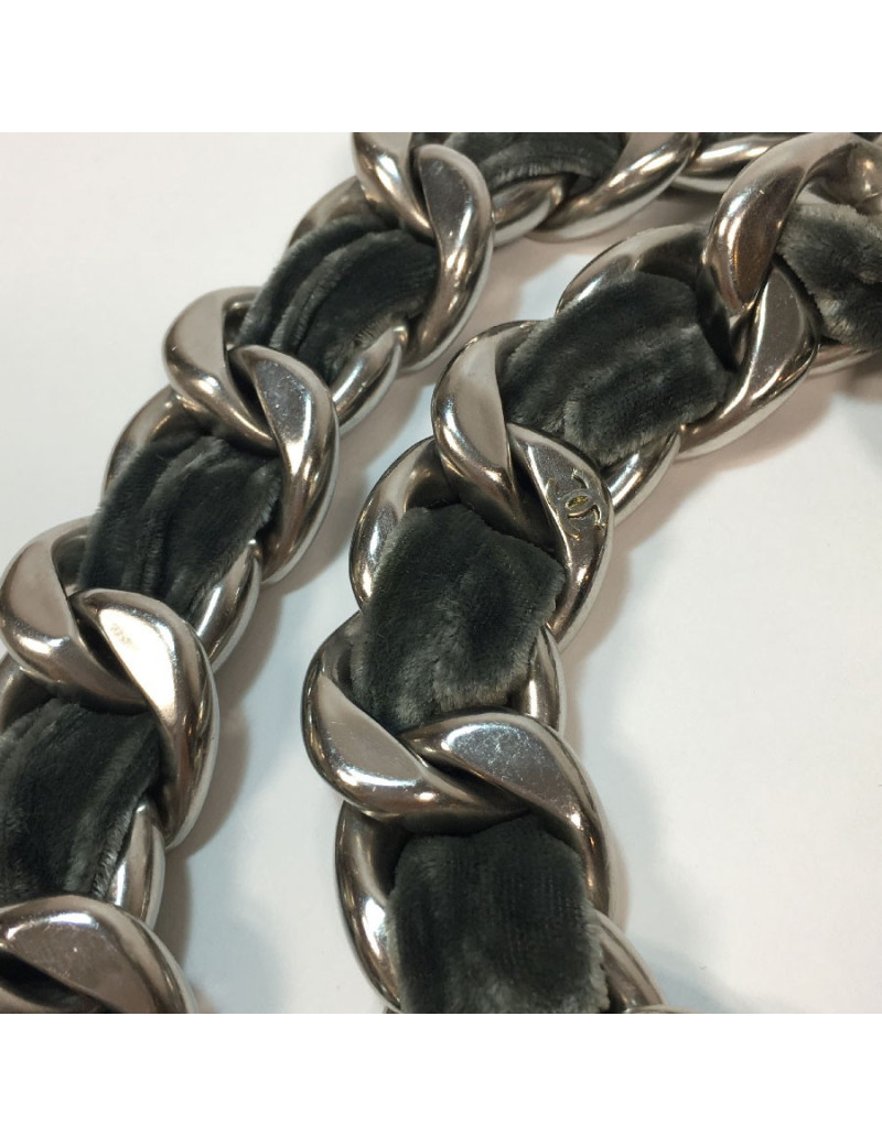 Ceinture CHANEL chaine en métal argenté entrelacée de velours gris